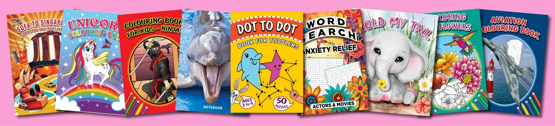 A colourful collection of Pinkbee Books titles, including colouring books, activity books, notebooks and the travel book Sofa to Singapore.
